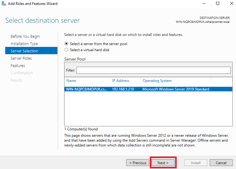 Select a server or a VM to install roles and features